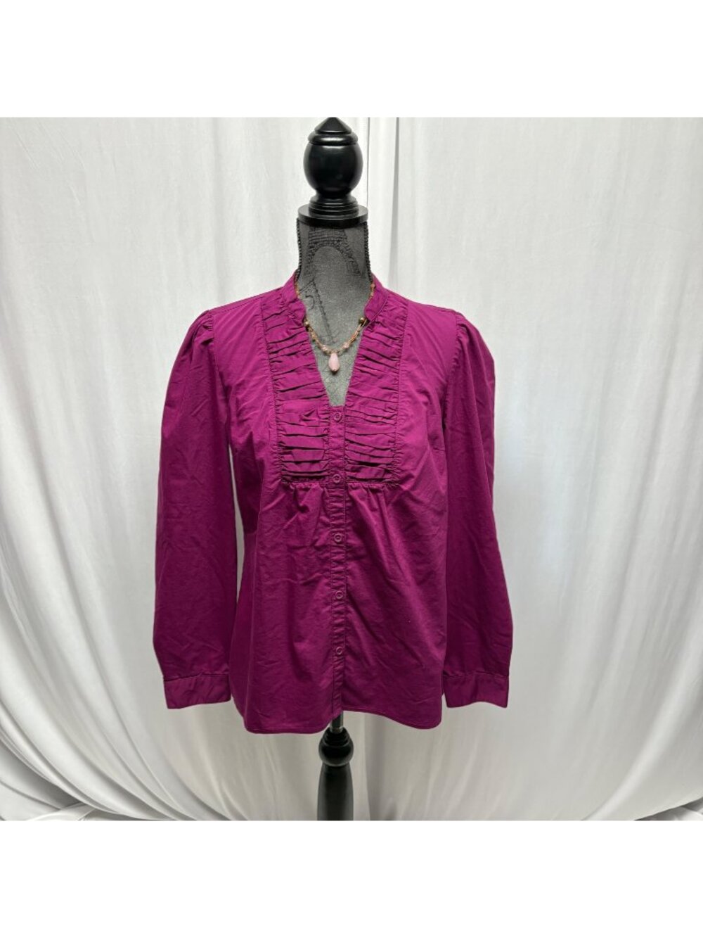East 5th Blouse Womens Size Large Fuchsia Button-Down Long Sleeve V-Neck Top